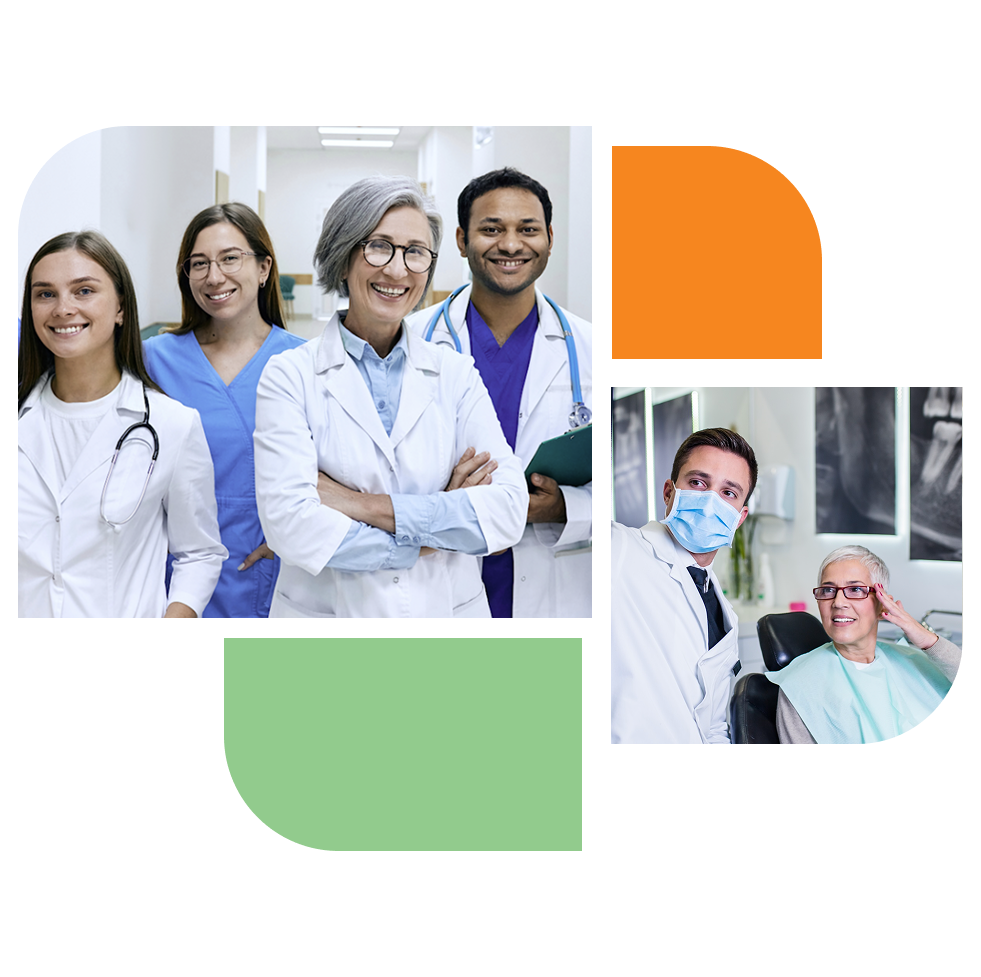Collage of smiling medical professionals and a dentist with a patient, framed by orange and green geometric shapes