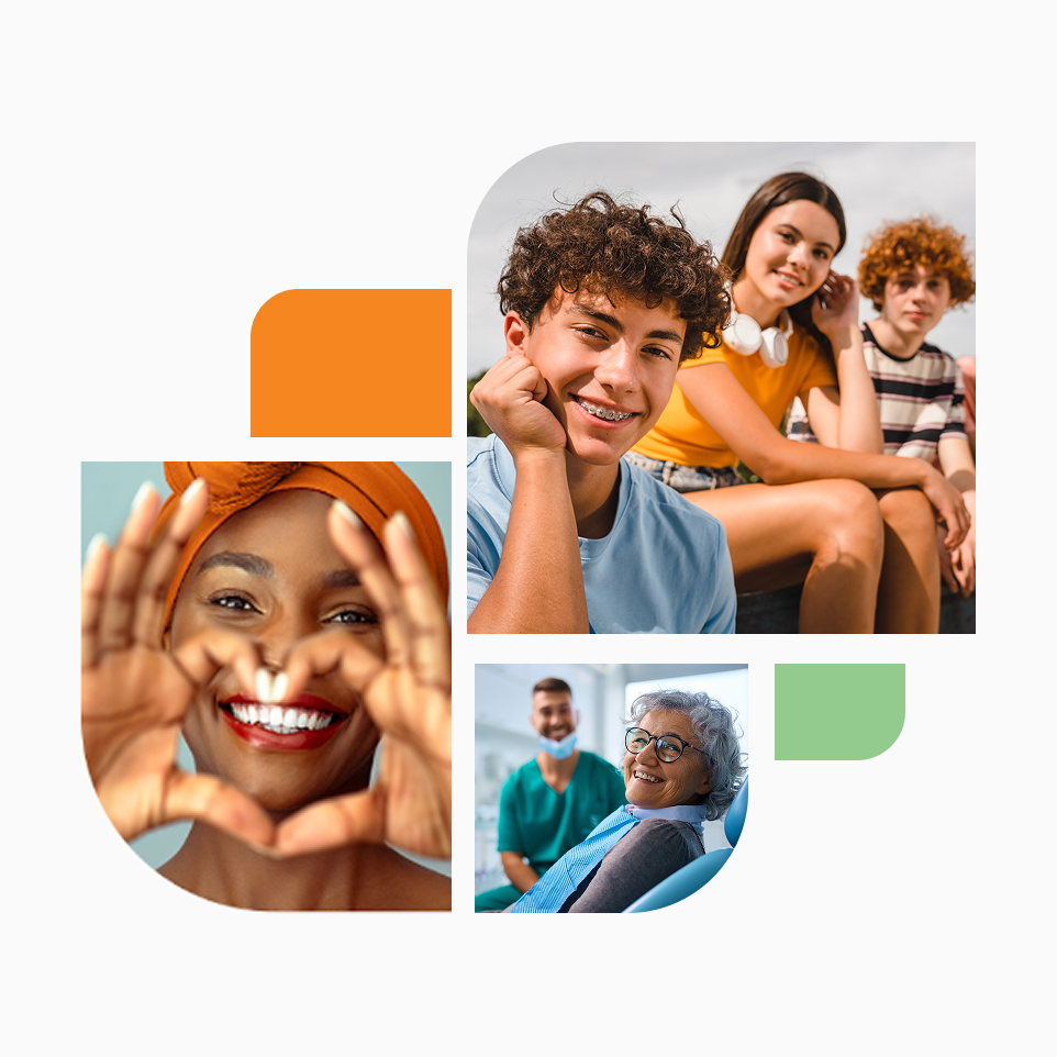 Collage of diverse smiling people with colorful geometric shapes.